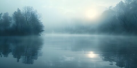 Fototapeta premium Tranquil Fog Shrouded Lake Reflecting the Ethereal Atmosphere of the Surrounding Misty Forest