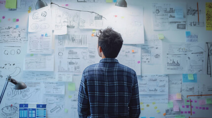 Man Evaluating Strategies on Brightly Lit Wall
