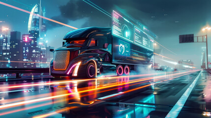 Futuristic Autonomous Semi-Truck Speeding on a Smart Highway in a Neon-Lit City at Night