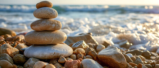 Zen Stones Balance at Seashore during Sunset
