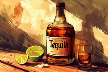 Tequila bottle with lime and ice on a wooden background.