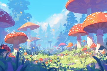 Fantasy mushroom forest, illustration, cartoon, art, background - obrazy, fototapety, plakaty