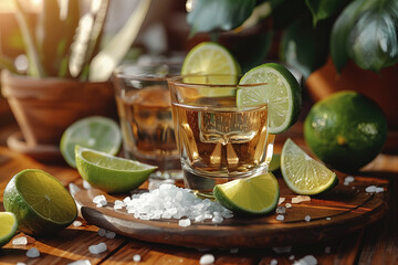 Tequila shots with lime and salt on wooden table
