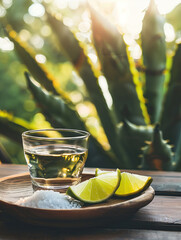 Tequila shots with lime and salt on wooden table