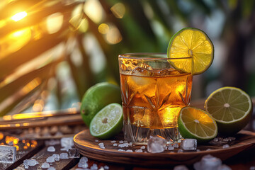 Tequila shots with lime and salt on wooden table - 783766384