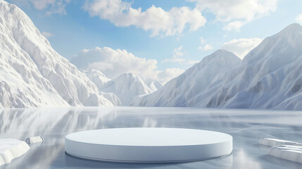 ice podium in the middle of an ocean, round flat ice block floating on water, background with clouds and mist for a product presentation mock up