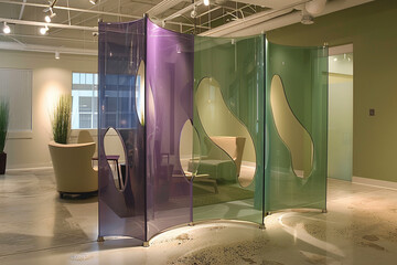 Generate an abstract room divider with transparent panels, dividing a sophisticated office space with deep plum walls from a serene meditation area with soft sage green walls