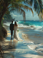 Wedding couple on the beach with palm trees and blue sea - 783766577