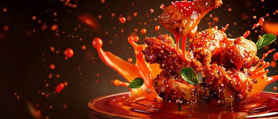 Dynamic 3D vector illustration of Korean fried chicken being dipped into sweet chili sauce, action shot with sauce splashing, - obrazy, fototapety, plakaty