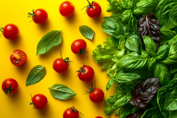 Fresh Tomatoes and Herbs on Vibrant Yellow Background