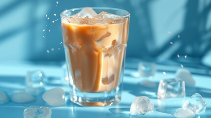 Iced coffee in a glass on a blue background, Cold summer drink