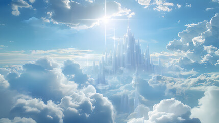 The holy city descending from the heavens, depicted with futuristic architecture and radiant with divine light, set against a backdrop of a new heaven and a new earth,  - obrazy, fototapety, plakaty