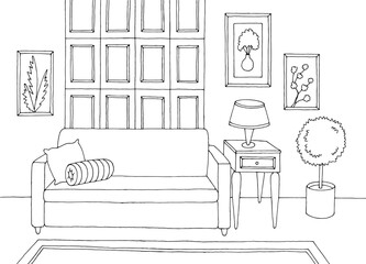 Living room graphic black white home interior sketch illustration vector  - 783766983