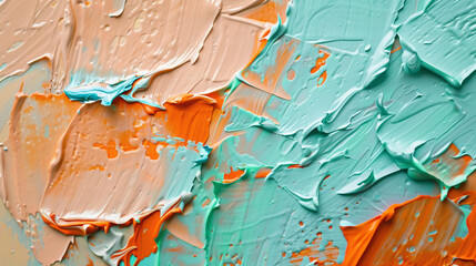 Orange and mint paint strokes on a textured surface.