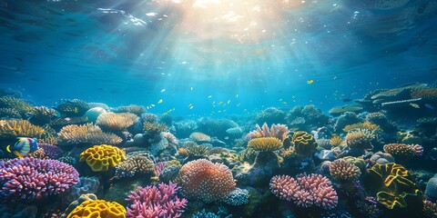 Fototapeta na wymiar Vibrant Underwater Scene at the Coral Reef Edge with Abundant Marine Life and Sunlit Rays