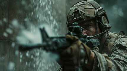 Focus on a sniper's hands aiming a rifle in heavy rainfall, face strategically obscured - obrazy, fototapety, plakaty