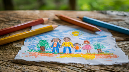 Fototapeta na wymiar Drawing made by a child, happy family in the countryside. generative ai 