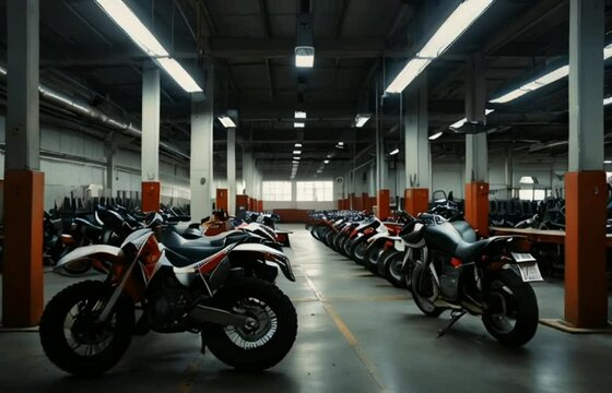 motorcycles in a rows in shop, bike shop