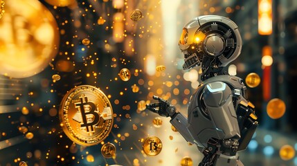 Fototapeta premium Capture the excitement of cryptocurrency markets through surreal robotic figures interacting with digital currency symbols in a dynamic, eye-level angle, rendered in photorealistic digital art