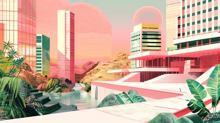 A beautiful digital painting of a city with a pink sky and green plants.