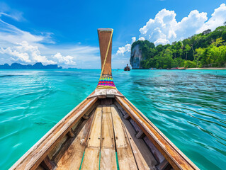 A striking view from a wooden long-tail boat looking onto the limestone cliffs and azure waters of the Thai seascape - obrazy, fototapety, plakaty
