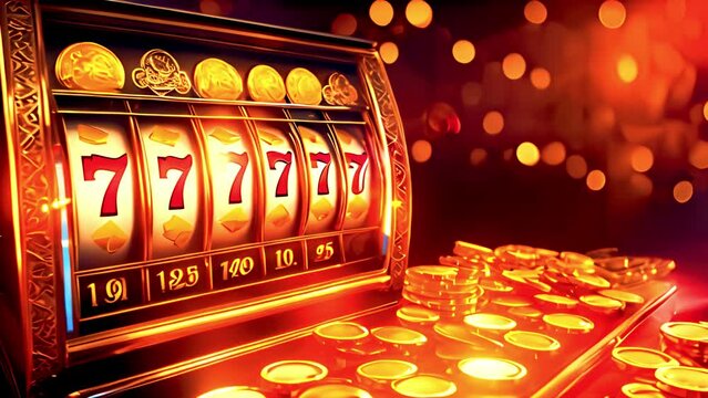Casino design with slots 777 and golden coins. Big win 3D animation of Jackpot slots machine win with flying coins and yellow shiny background. 777 jackpot symbol on slots. Gambling 4k video concept 