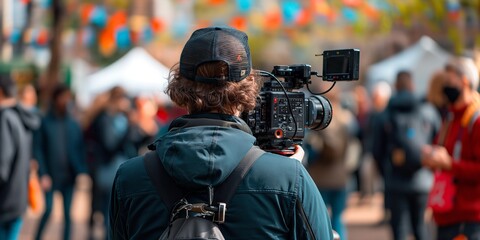 Kamerafrau beim Filmen am Set im Hintergrund, ai generativ