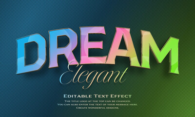 ”Dream Elegant” Editable title logo text style effect in light blue, pink and green gradation thin golden border, sans serif typeface
 - obrazy, fototapety, plakaty