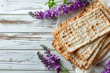 Matzah and spring flowers on light wooden background. Jewish holiday bread matza or matzoh. Happy Passover, Pesah celebration. Flat lay, top view with copy space - obrazy, fototapety, plakaty