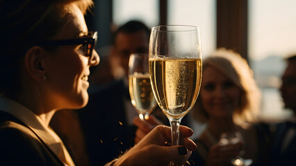 A group of people participating in a social event and drinking champagne