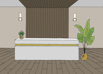 Hotel reception lobby interior graphic color sketch illustration vector  - 783769579
