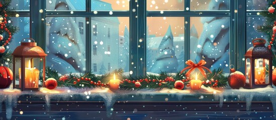 In a cozy Swedish home, Christmas decorations including candles adorn the windowsill beautifully - obrazy, fototapety, plakaty