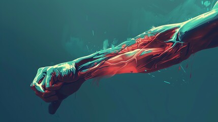 Artistic digital illustration of a clenched fist with red and blue energy veins.