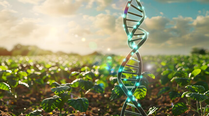 A 3D holographic projection of a DNA strand within a crop field, symbolizing the genetic enhancement of plants, with copy space - obrazy, fototapety, plakaty