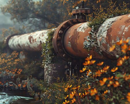 A large rusty pipe covered in vines and flowers in a misty forest.