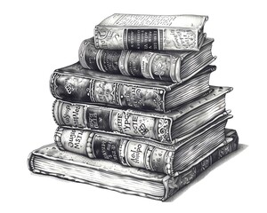 Pencil sketch of a stack of antique books conveying a sense of classic literature and history. - obrazy, fototapety, plakaty