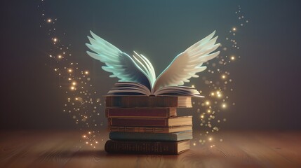 A stack of old books with white wings. - obrazy, fototapety, plakaty