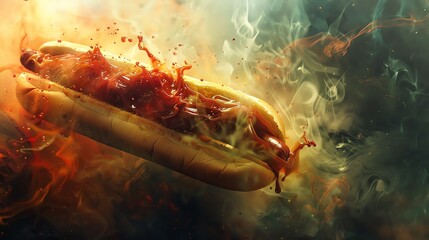 Hotdog engulfed in flames and smoke.