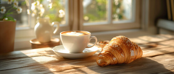 Coffee and croissant on table with nice mood - obrazy, fototapety, plakaty