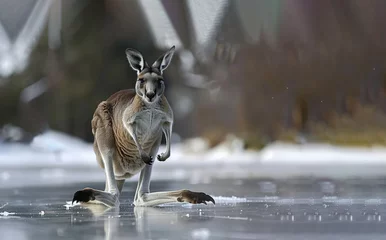 Foto auf Acrylglas Antireflex A kangaroo is standing on a frozen lake. Concept of solitude and isolation, as the kangaroo is alone in the vast. white ice and snow create a stark contrast to the brown. a kangaroo ice skating well © Nataliia_Trushchenko