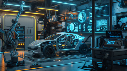 Two cars are racing in a futuristic factory. The cars are blue and black, and they are surrounded by neon lights. Scene is energetic and futuristic