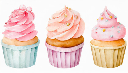Watercolor illustration of cute 3 cupcakes, kawaii art, isolated on white. Tasty and sweet dessert.