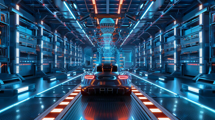 Two cars are racing in a futuristic factory. The cars are blue and black, and they are surrounded by neon lights. Scene is energetic and futuristic - obrazy, fototapety, plakaty