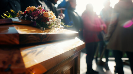 Coffin decorated with flowers during funeral viewing