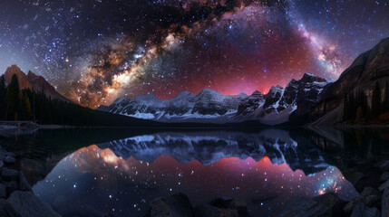 Aurora borealis and Milky Way over night lake and mountains - obrazy, fototapety, plakaty