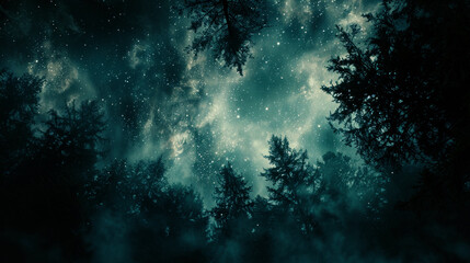 Unreal starry night in dark forest - obrazy, fototapety, plakaty