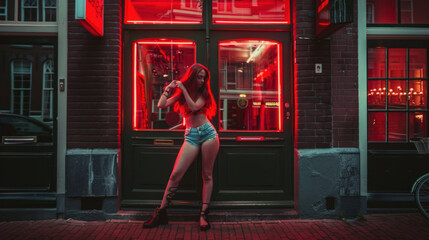 Female sex worker standing near the window - red light district concept - obrazy, fototapety, plakaty