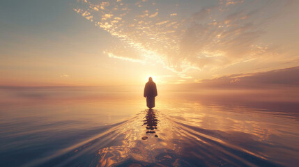 Jesus Christ walking on sea surface, magnificent sunrise light - obrazy, fototapety, plakaty
