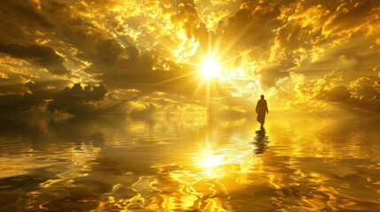 Fototapeta premium Jesus Christ walking on sea surface, spectacular sunrise light