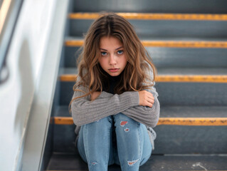 A sad young girl sits alone on a school staircase, the victim of bullying.